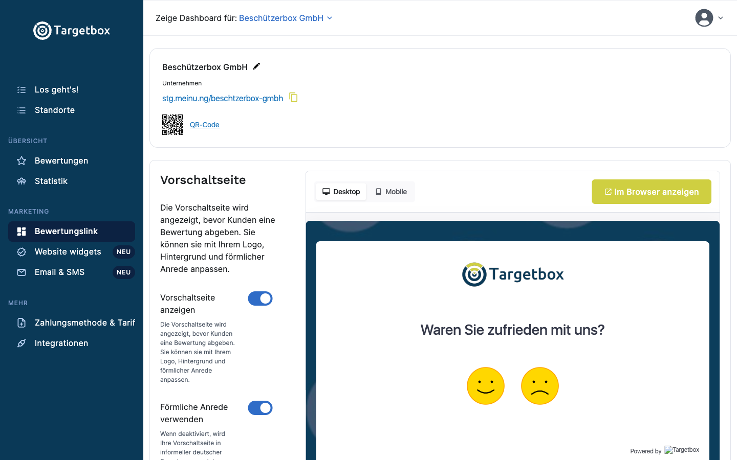 Targetbox Dashboard mit Bewertungslink, QR-Code und Vorschaltseiten-Vorschau