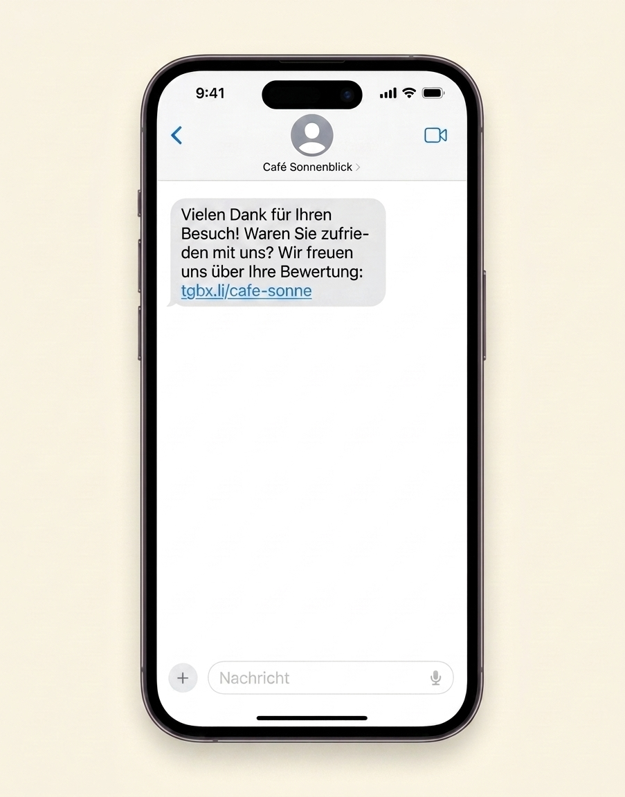 Smartphone mit empfangener SMS: Einladung zur Bewertung mit Bewertungslink